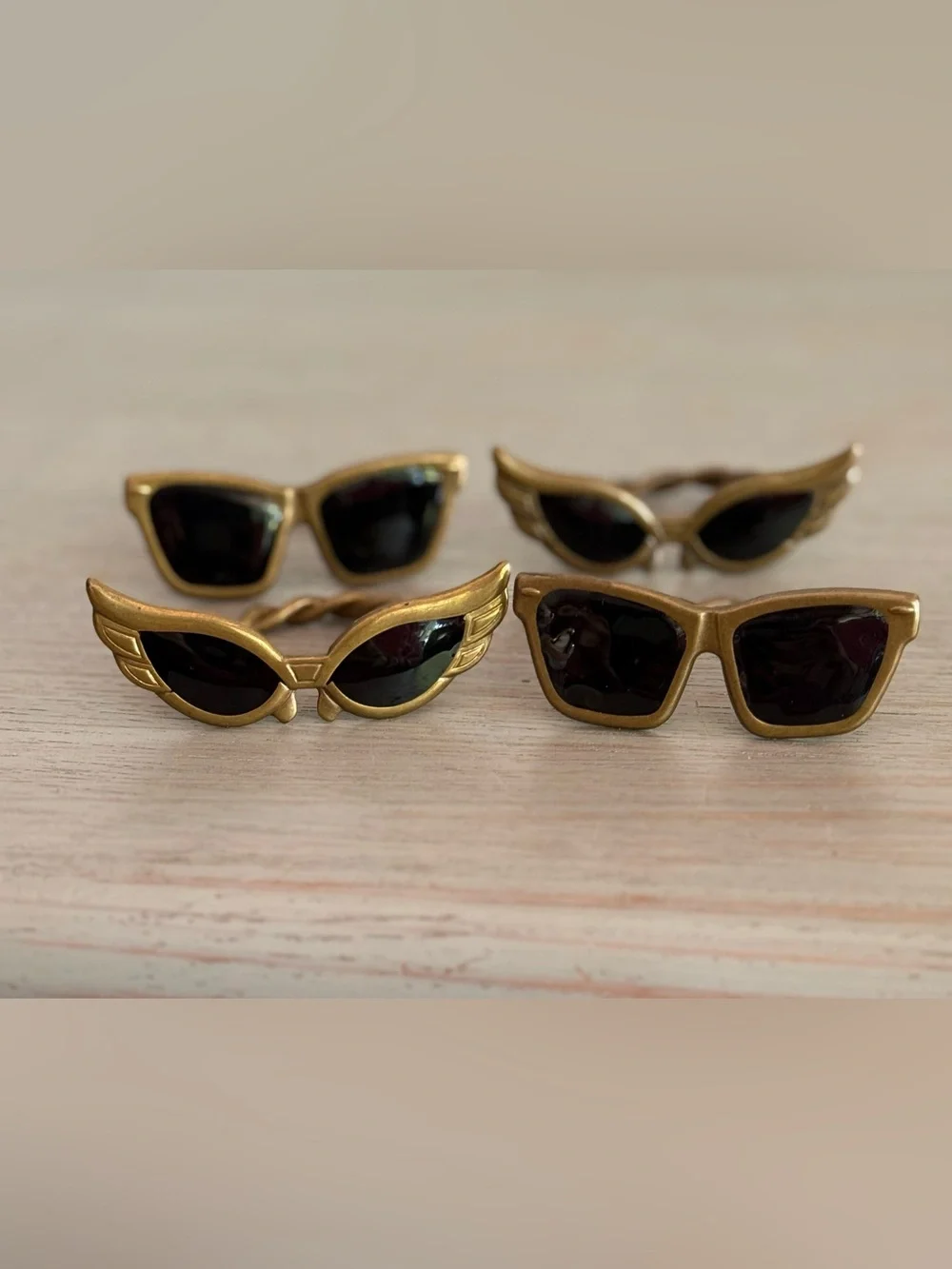 Vintage Maugenest SF Antique Brass Sunglasses Napkin Rings Set 4 Kitsch Retro
